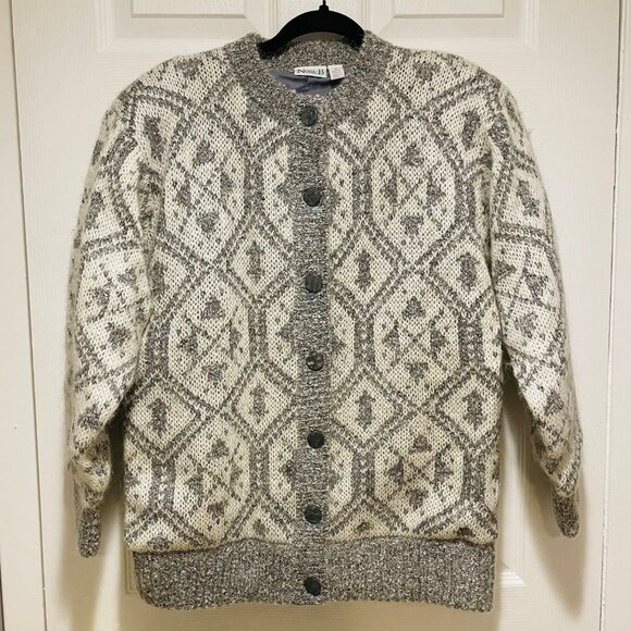 Vtg Goemetric Print Mohair Button Cardigan Women’s  Size M Grandmacore Cabincore - Picture 1 of 6